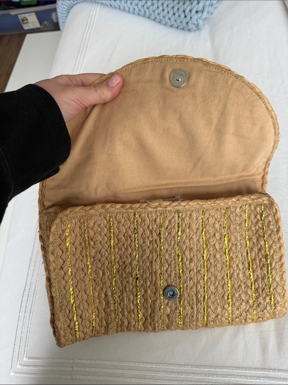 Woven Straw Clutch with Metallic Gold Accents - Natural